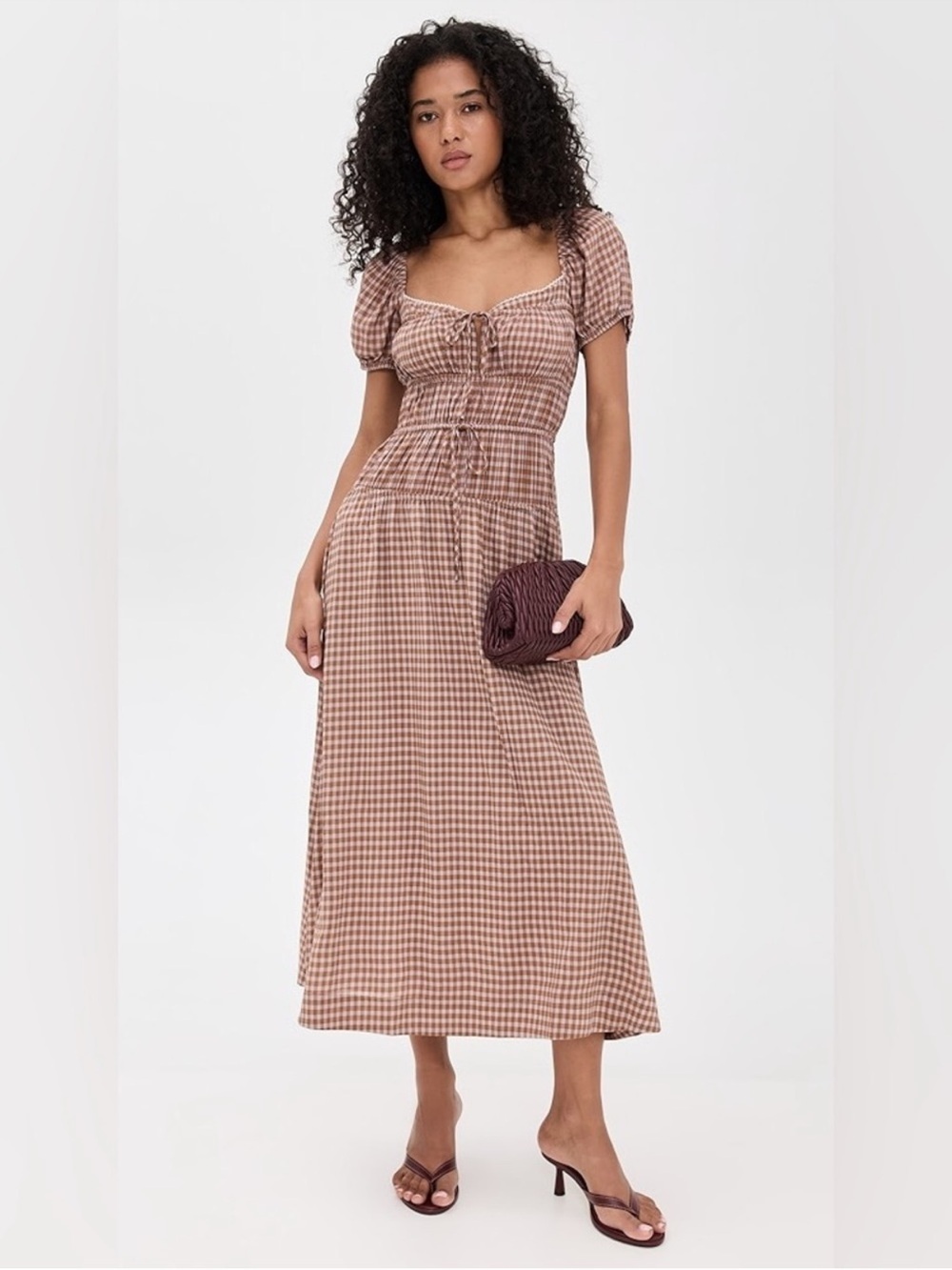Reformation Rhett Midi Dress Smocked Gingham Midi Dress in Brown 4 - Picture 1 of 10